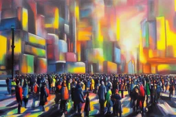 city, ice, sunny day, people, gary numan influence, realistic painting