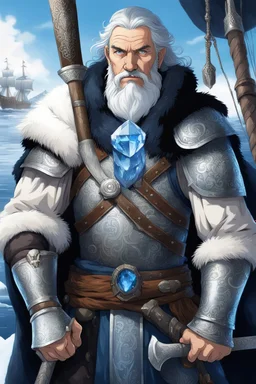 ,1older man, a older man with blue eyes and black hair man in silver Viking armor with fur around the neck with blue crystal on his chest holding an axe in his hands standing on a pirate ship in the artic, warrior in anime style,