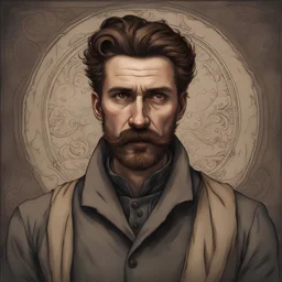 a portrait of german man wearing thieves attire. wavy dark auburn medium hair. lighter skin. black eye pupils. big nose. detailed. high tense background. mustach and short beard.