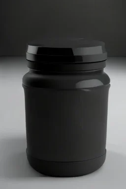 black container, plastic, realism, with screw lid, no labels, round container, view from the front, protein powder, dark studio setting