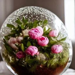 Cinematic shot of peonies inside a crystal lattice globe, glass, crystal, linen, dewdrops, warm lighting, luxurious, terrarium