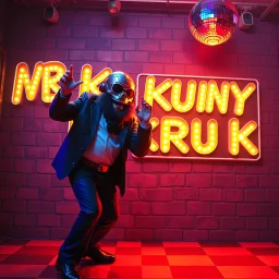 MR Kukrunk is Benny and DJ Roy in a disco, dancing, "Kukrunk" on sign wall, disco light, strobe, disco ball