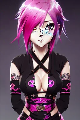 Cute anime Kunoichi girl, pink hair buns, pink bangs, detailed black designer kimono, Japanese yakuza full body tattoos, intricate details, eyes perfectly aligned, full body portrait, pink ribbons, slight smile, black constellation motif, windy, concept art, mini tornado stickers, black fishnet wear, highly detailed, digital painting, artstation, concept art, sharp focus, illustration, art by WLOP and greg rutkowski and alphonse mucha and artgerm and yanjun Chen and Junji ito