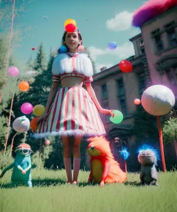 Wes Anderson photographer, Ultra realistic garden scene, wide angle view, teenager playing with feather pillows and inflatable monsters, circus dress style, feather color, free jumping, many trinkets, hair monster, many jelly beans, balls, smile, extreme, wind, soft color, highly detailed, unreal engine 5, ray tracing, RTX, lumen lighting, ultra detail, volumetric lighting, 3d, finely drawn, high definition.