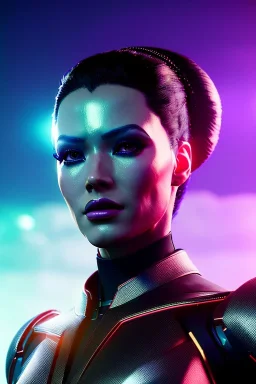 Futuristic cyborg, portrait from waist up, vibrant hair color, intricate eyeliner, vibrant eyeshadow, clear completion, soft lighting, 4k resolution, intricate details, insanely detailed, colorful cityscape background, masterpiece, expert, cinematic smooth, retroanime style, realistic details, no helmet