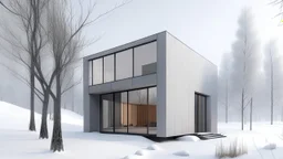 Modern and minimalist house in a winter environment is light gray, with vertical siding that gives it a subtle texture. There are small rectangular windows and a visible door, all emitting warm light from the inside. The house is situated in a snowy landscape, with several bare trees scattered around, suggesting that it is winter or a cold region.