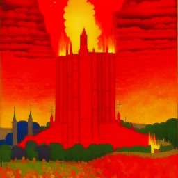 A red volcanic castle in a fiery realm painted by Georges Seurat