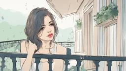 Draw a portrait of a beautiful woman on the balcony, rain