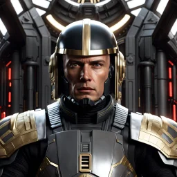 star wars bald male corellian pilot wearing pearlescent black and gunmetal grey First Order special forces heavy assault armor and helmet with gold trim inside the jedi temple, centered portrait, hyperdetailed, dynamic lighting, hyperdetailed background, 8k resolution, volumetric lighting, light skin, fully symmetric details