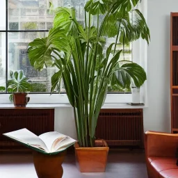  mahogany table lush house plants in pots looking out of a window to a crowded city with many textbooks on the table