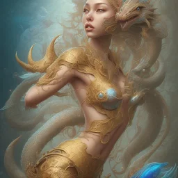 sango fantasy, fantasy magic, intricate, sharp focus, illustration, highly detailed, digital painting, concept art, matte, artgerm and paul lewin and kehinde wiley, masterpiece sexy lips Asian afro lips black African lady body mermaid blue Dragon head golden space lady sea under water mermaid pretty