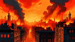 idyllic city scape on fire