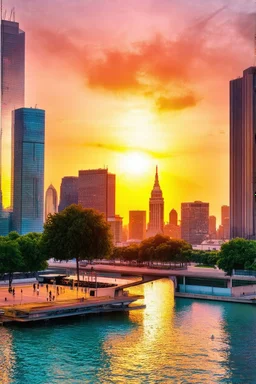 Amazing colorful sunset, buildings, lake, city, park, cyberpunk, sci-fi, photography hd