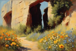 sunny day, rocks, flowers, cliffs, sci-fi, friedrich eckenfelder and henry luyten impressionism paintings