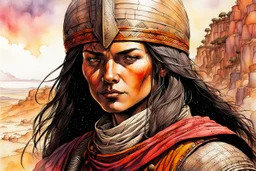 create an ink wash and watercolor portrait of a fair skinned female nomadic tribal mercenary with highly detailed, delicate feminine facial features, inhabiting an ethereal tropical canyon land in the comic book style of Jean Giraud Moebius, David Hoskins, and Enki Bilal, precisely drawn, boldly inked, with vibrant colors