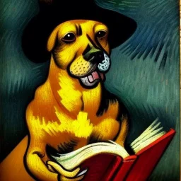 oil portrait of a dog with hat reading a book and smoking a wooden pipe by Van Gogh 8k