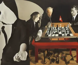 Complex Surgical Instruments,Putin, President Xi Of China And Joe Biden Play Chess with a Newborn Boy,black background,surrealism,Painting By Adrian Ghenie,Michelangelo,Rene Magritte,Lucian Freud,Salvador Dali,Pablo Picasso