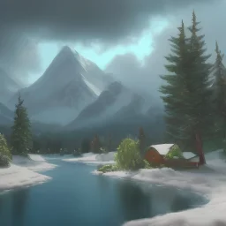 landscape mountain storm snow, oil painting, bob ross style, detailed