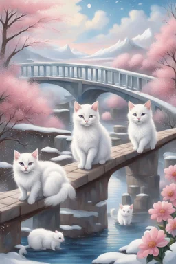 in the center: beautiful chunky white cats playing on a bridge with grey mice, under the brigde flows a small blue river; background: landscape, first plan: pink flowers: white clouds in shape of cats, season: winter and snowfall