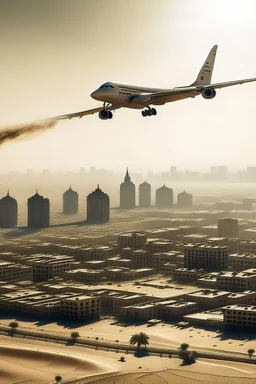 make a plane flying over a city throwing some sahara dust