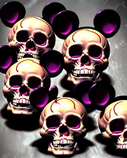 a picture of a dark, comedic, take on the deaths on the dangerous 50's show The Mickey Mouse Club, pluto's skull, minnie's skull, goofy's skull on dispaly, anatomically correct wall of tightly packed stacked skulls of varying sizes and expressions, all wearing mickey mouse ears, battle damaged, photo realistic, insanely meticulous, highly detailed, part of a collection of bones on display, dystopian, anatomically correct, war trophies, memorabilia,