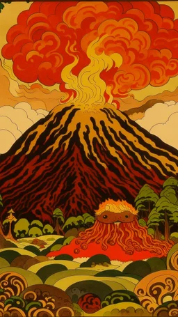 A brown volcano with spewing fire designed in Japanese Oni masks painted by Paul Ranson