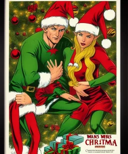 two elves. woman and man. Christmas scene. poster. marvel comic. low-key