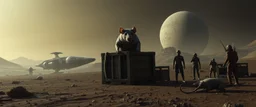 10️⃣ Mission Success / Final Scene "Wide alien landscape with two landed ships. Giant mummy rat observes scene from crate, curious and clever, bandages trailing. Crew interacts with cautious but friendly alien inhabitants. Stasis rat pod visible in secure area. Dramatic cinematic lighting, realistic textures, mood accomplishment and quiet wonder."