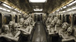 interior of a subway carriage full with a crowd of laughing marble statues; gloomy, weird, eerie, odd, unsettling, dramatic