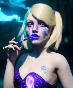 Ultra realistic wonderland photo, happy blonde woman smoking a shisha, perfect iris, glow eyes, blue dress, big purple-cat friend, circus dress style, old school tattoo, smoke, marijuana garden, glow eyes, perfect iris, soft color, highly detailed, unreal engine 5, cinematic, ultra detail, volumetric lighting, high definition.