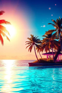 Luxury Tropical House album cover, award-winning music artwork, crystal-clear turquoise ocean merging into an endless horizon beneath a radiant golden sunset. Exotic palm trees illuminated by soft neon cyan and coral lights sway in the warm breeze. Glowing particles drift through the air like fragments of melody, creating a magical atmosphere. Elegant reflections dance across the water surface, while subtle geometric patterns inspired by electronic music production are integrated into the enviro