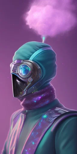 purple galaxy masked super villain, weapons in hands, teal and purple smoke, full portrait, hyper realistic, 4k