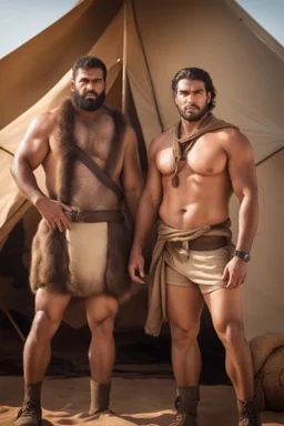 close up photography of two angry ugly brawn 28-year-old burly beefy bullneck arabs tourist guides wearing bulging shorts, shirtless, big shoulders, hairy chest, manly chest, with very bushy eyebrows, photorealistic, sunlight, ambient occlusion, strong side light , near a camping tent in the desert