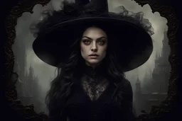 Mila Kunis, beautiful and highly detailed face, meticulously detailed dark hair, strange witch; ethereal fantasy hyperdetailed mist, maximalist matte painting, polished, realistic oil painting; Victorian era portrait painting, old fashioned, vintage, antique, beautiful, bleak environment, gothic, spooky, eldritch, 16k