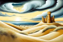 a hidden palace in undulating sand dunes, storm clouds, by artist "Kate Lycett",by artist "Giorgio de Chirico"