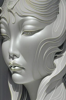 woman's face, half view, greyish colors, by artist "gilded melted bubblewarp";by artist "erte";by artist "michelangelo da vinci";by artist "lalique";by artist "hector guimard" ;character design by artist "emshwiller sol";by artist "fan ho"