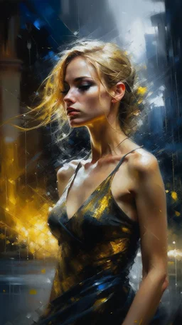 a beautiful woman with golden hair in starry night sleeveless gown rainy night, thunder lightning, art by Greg Rutkowski, WLOP, Baptist Monge, Michael Garmash, Alberto Seveso and Russ Mills