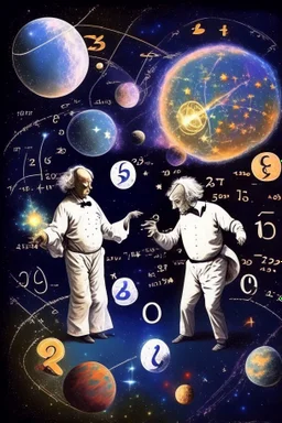 Albert Einstein and Richard Feynman playing with numbers & atoms in outerspace with planets, cosmic gas, stars, moons, and comets dancing around them