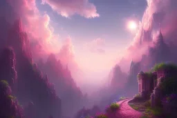 mystical long stairway up to heaven in the sky, atmospheric pink mist, beautiful colours, fine art, trending on artstation, masterpiece