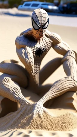spiderman become sand statue, body made from sand material, ultra realistic, 4k, ultra detail, full body