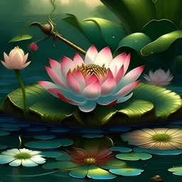 Lotus réaliste sur l'eau japonais avec de la déco en fond qui fait pansé a des katana et un sabreur