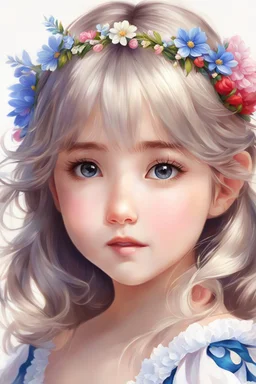 a painting of a little girl with a flower in her hair, realistic cute girl painting, kawaii realistic portrait, adorable digital painting, portrait of snow white, beautiful character painting, realistic anime art style, realistic anime artstyle, portrait anime girl, realistic anime style at pixiv, cute anime girl portrait, detailed portrait of anime girl, realistic young anime girl, anime painting