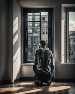 A man with his back to us looking out the big window and feeling depressed