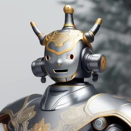 beautiful smooth realistic Japanese oni robot, run on dark cosmos background, cat еye, extremely sharp detail, finely tuned detail, ultra high definition, 8 k, unreal engine 5, ultra sharp focus, accurate sword wings, positive smile, lot of details, fit within portrait, Ambiance winter