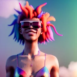 Ultra Realistic photo, medium shot view, drunken dancer bikini woman, carnival scene, monster hair, steampunk. Red hair, confeti, Sunglasses, smile, happy, festival, ovnis, gradient color fog. highly detailed, concept art, unreal engine 5, ray tracing, RTX, lumen lighting, ultra detail, volumetric lighting, 3d, finely drawn, high definition, high resolution.