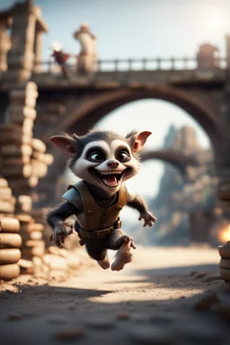 pen outline, gremlin alien badger sheriff sprinting and jumping over barrels under the bridge ruin ,bokeh like f/0.8, tilt-shift lens 8k, high detail, smooth render, down-light, unreal engine, prize winning