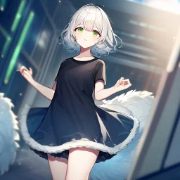 Clear focus, High resolution, light grey short hair, dark green eyes, wearing a black t-shirt and blue skirt, fluffy hair, detailed outfit