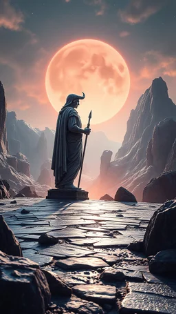 realistic photo of a landscape covered in granite that looks futuristic with futuristic lighting , a huge Roman statue standing a giant hooded creature looking at the view