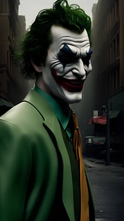 Joker, as he stands in the middle of the street, his face contorted into a menacing snarl, and the caliph of a dark street, hyper realistic, 8k, ultra hd, pixar style, disney stile, cinema 4d, --ar 3:2