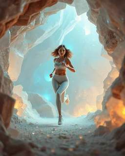 make a video pretty crystal cave covered with jewells and CIFI jewell lights and 3d recursive cubic and sphere base pearls and jwells a beautiful fashion model lady with cute,curvy hair,makeup, in pretty sports suit is running inside cave ,dynamic camera fallow her inside cave capturing full body, dynamic lights.